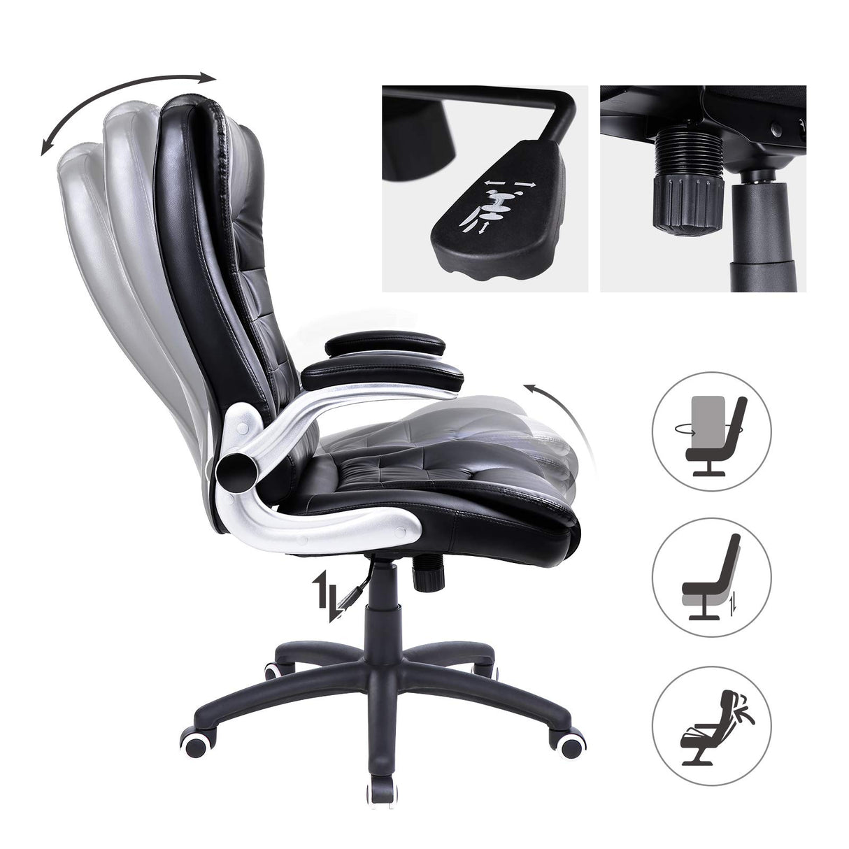 SONGMICS Silla de Oficina con Respaldo Alto, Reposacabezas y Asiento Gruesos, Reposabrazos Elevables, Silla Giratoria Ergonómica, Negro OBG51B