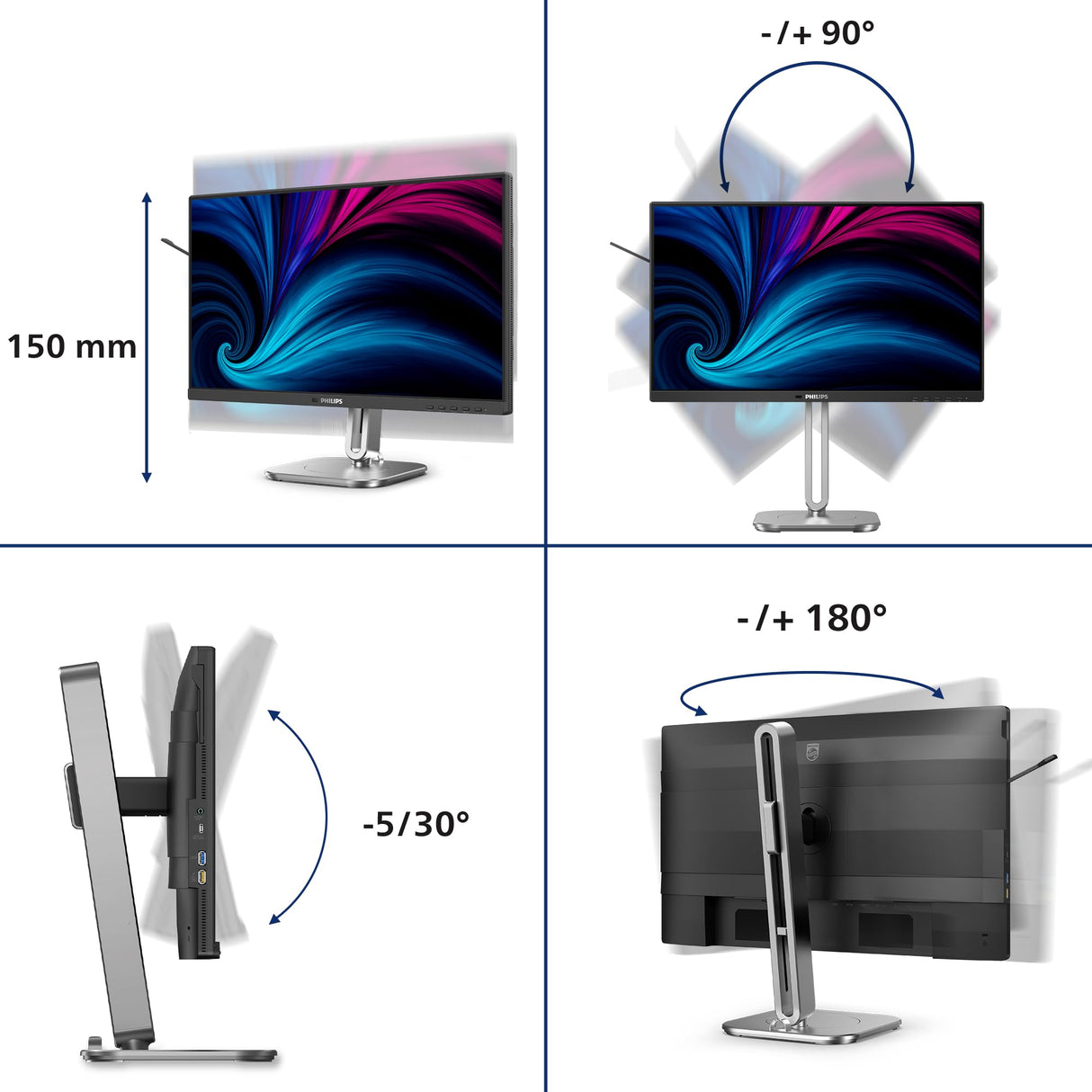 Philips 24B2U4301 - Monitor Full HD de 24 Pulgadas, Altavoces, Altura Ajustable (1920 x 1080, 120 Hz, HDMI 1.4, DisplayPort 1.4, USB-C (100 W Power Delivery), Salida DP, concentrador USB) Negro Gris
