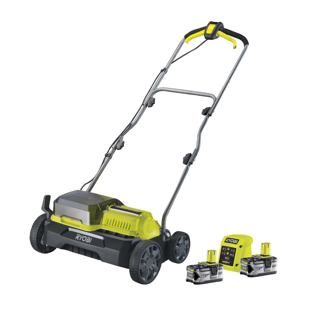 RYOBI - Escarificador Brushless Inalámbrico 18V ONE+ con 2 Baterías 4,0 Ah y Cargador de 2,0 A y Bolsa de Recogida 55l - Ancho 35cm - 4 Posiciones, 16 Cuchillas - Empuñadura Ajustable - RY18SFX35A-240
