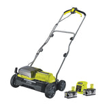 RYOBI - Escarificador Brushless Inalámbrico 18V ONE+ con 2 Baterías 4,0 Ah y Cargador de 2,0 A y Bolsa de Recogida 55l - Ancho 35cm - 4 Posiciones, 16 Cuchillas - Empuñadura Ajustable - RY18SFX35A-240