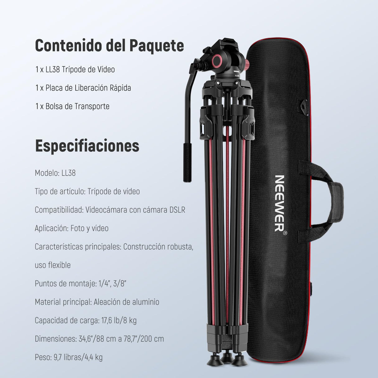 NEEWER 79"/2m Trípode Video Cámara con Cabezal Fluido, Soporte Trípode Resistente Aluminio Liberación Rápida con Placa QR Compatible con Canon Nikon Sony DSLR Videocámara, Carga MAX 17,6 LB, LL38