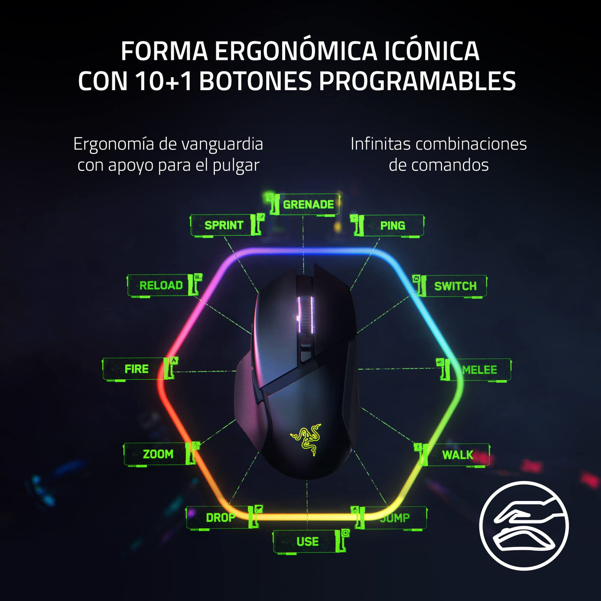 Razer Basilisk V3 Pro - Ratón Inalámbrico Personalizable para Juegos con Rueda Inclinable Hyperscroll (Sensor Óptico Focus Pro 30K, Iluminación Cromática de 13 Zonas, Botones Programables 11) Negro