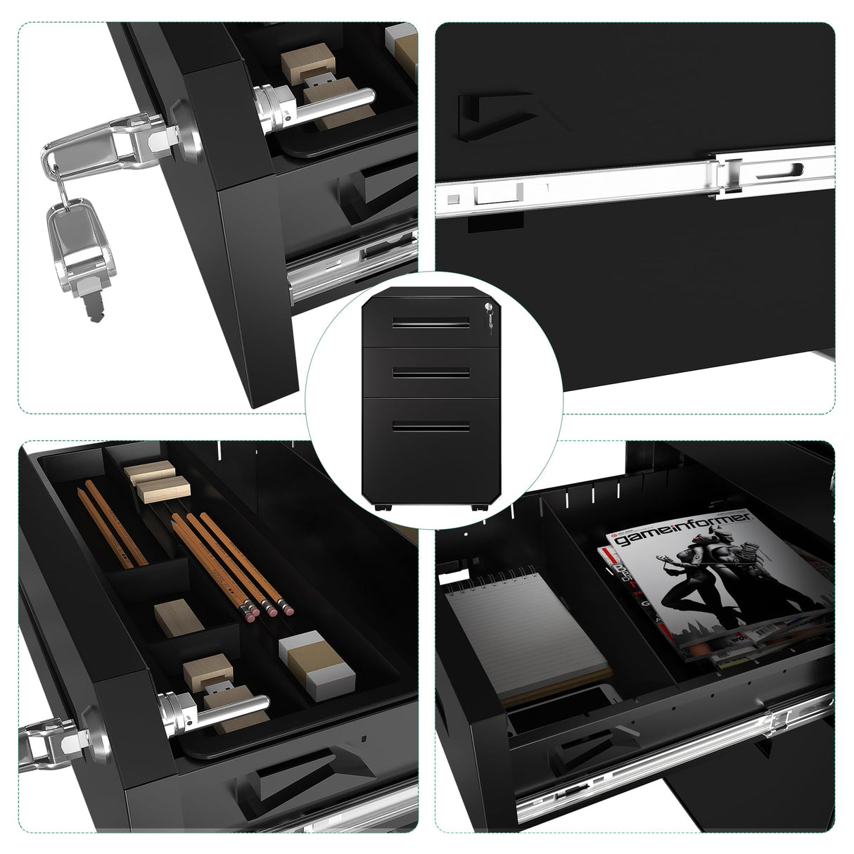 YITAHOME Armario Archivador con 3 Cajones, Cajonera de Oficina Móvil con Ruedas, Metalico Mueble Oficina Archivador con Cerradura y Llave para Carta/A4, Negro, 51 x 40 x 64cm