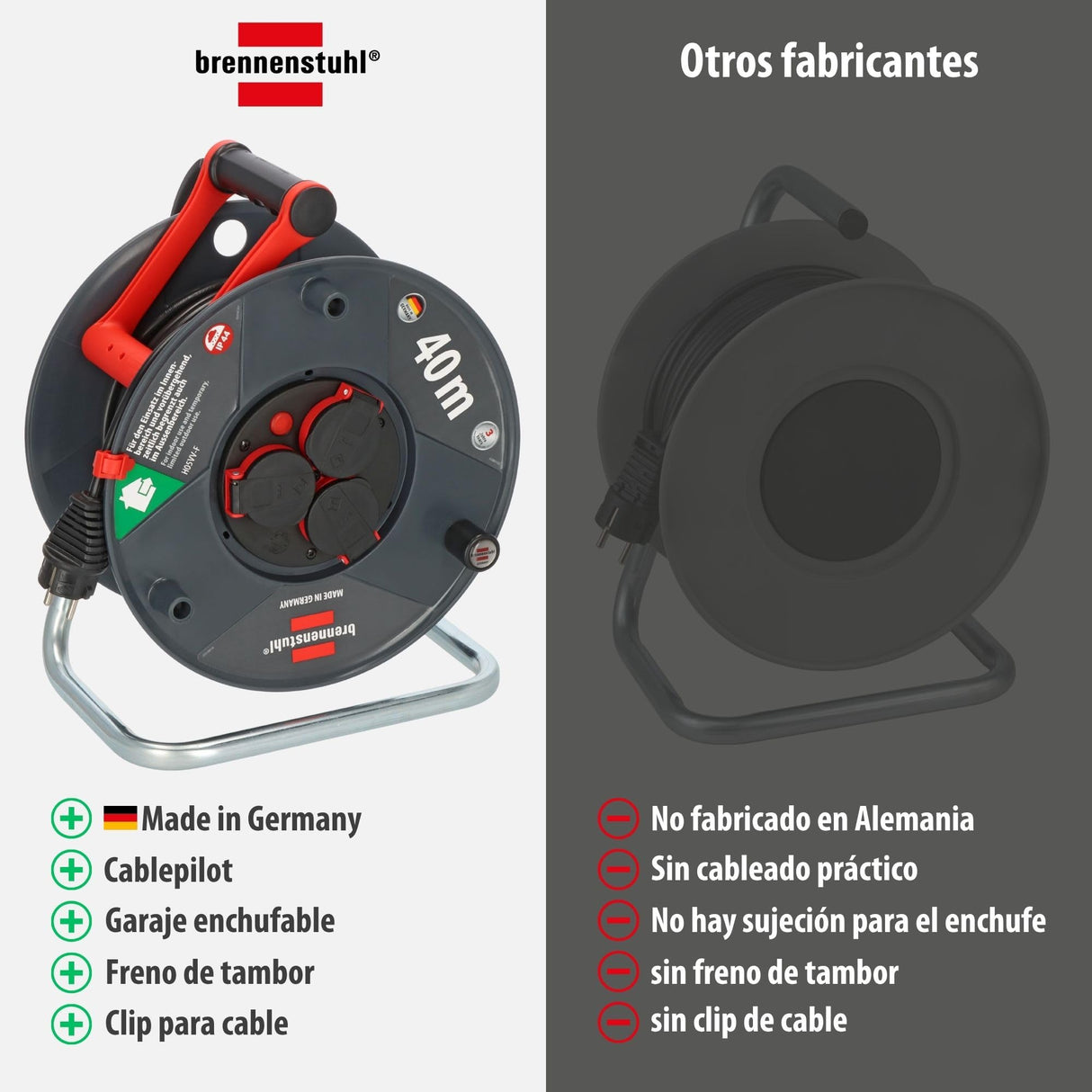 Brennenstuhl Enrollacables Garant V2 IP44 40m exterior (Made in Germany, 3 tomas de corriente con contacto de puesta a tierra, plástico especial)