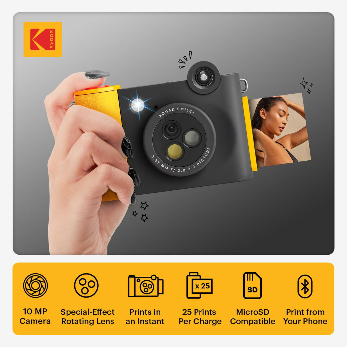 KODAK Smile+ Cámara Digital instantánea 2-en-1 y Impresora Bluetooth - 10MP, Lente giratoria con Efectos, Fotos Adhesivas Zink 2x3”, Imprime Desde App en Dispositivos Inteligentes - Negro