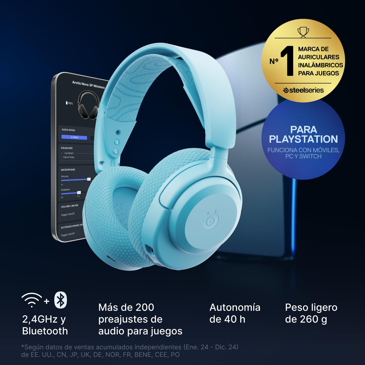 SteelSeries Arctis Nova 3P Wireless Auriculares Gaming multiplataforma - App - Batería 40h - Controladores magnéticos de neodimio - 2,4 GHz/Bluetooth - Micro extraíble - PS5, PS4, PC, Switch -Aqua
