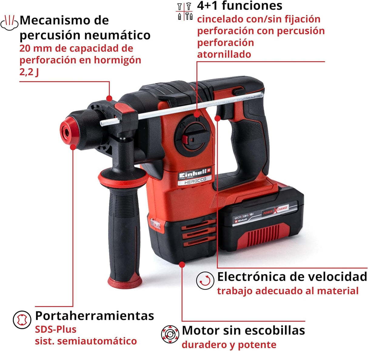 Einhell Kit Martillo perforador con batería HEROCCO+5 Power X-Change (iones de litio, 18 V, 2.2 J, 18 Nm, SDS-Plus, incl. batería 3,0 Ah, cargador, 3 brocas, cincel plano, cincel punta y E-Box)