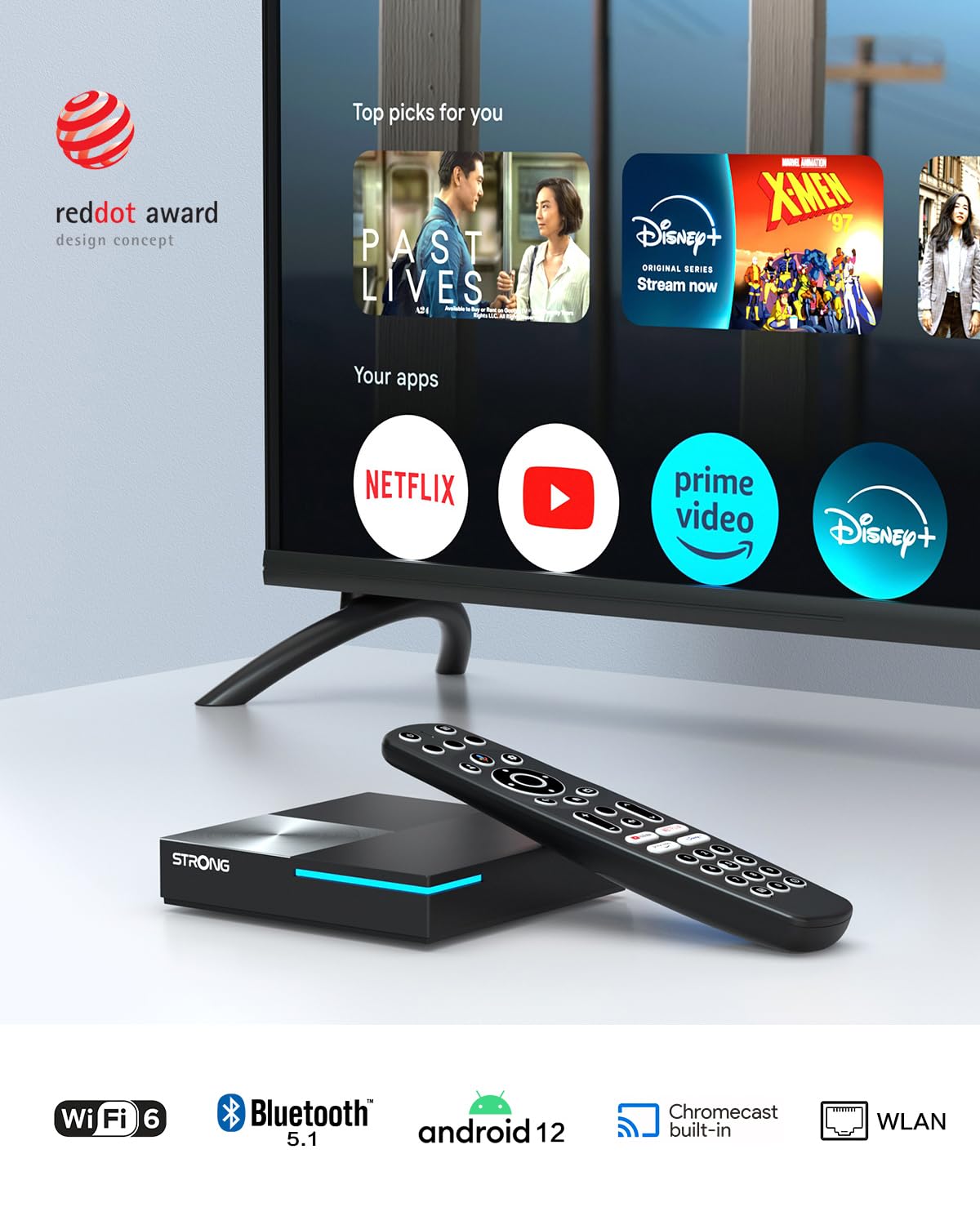 STRONG Leap-S3 Pro TV Streaming Box 4K UHD Google TV con Puerto Ethernet, Android 12, 4GB RAM + 32GB Almacenamiento, Wi-Fi 6, Chromecast Integrado, Control por Voz Google, Dolby Atmos Y Dolby Vision