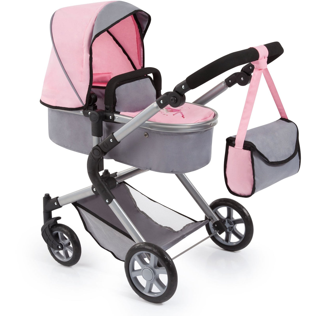 Bayer Design-18108AA Cochecito de Muñecas City Neo con Bolso Cambiador, Transformable, altura regulable, plegable, moderno, color gris, rosa con hada, Small (18108AA)