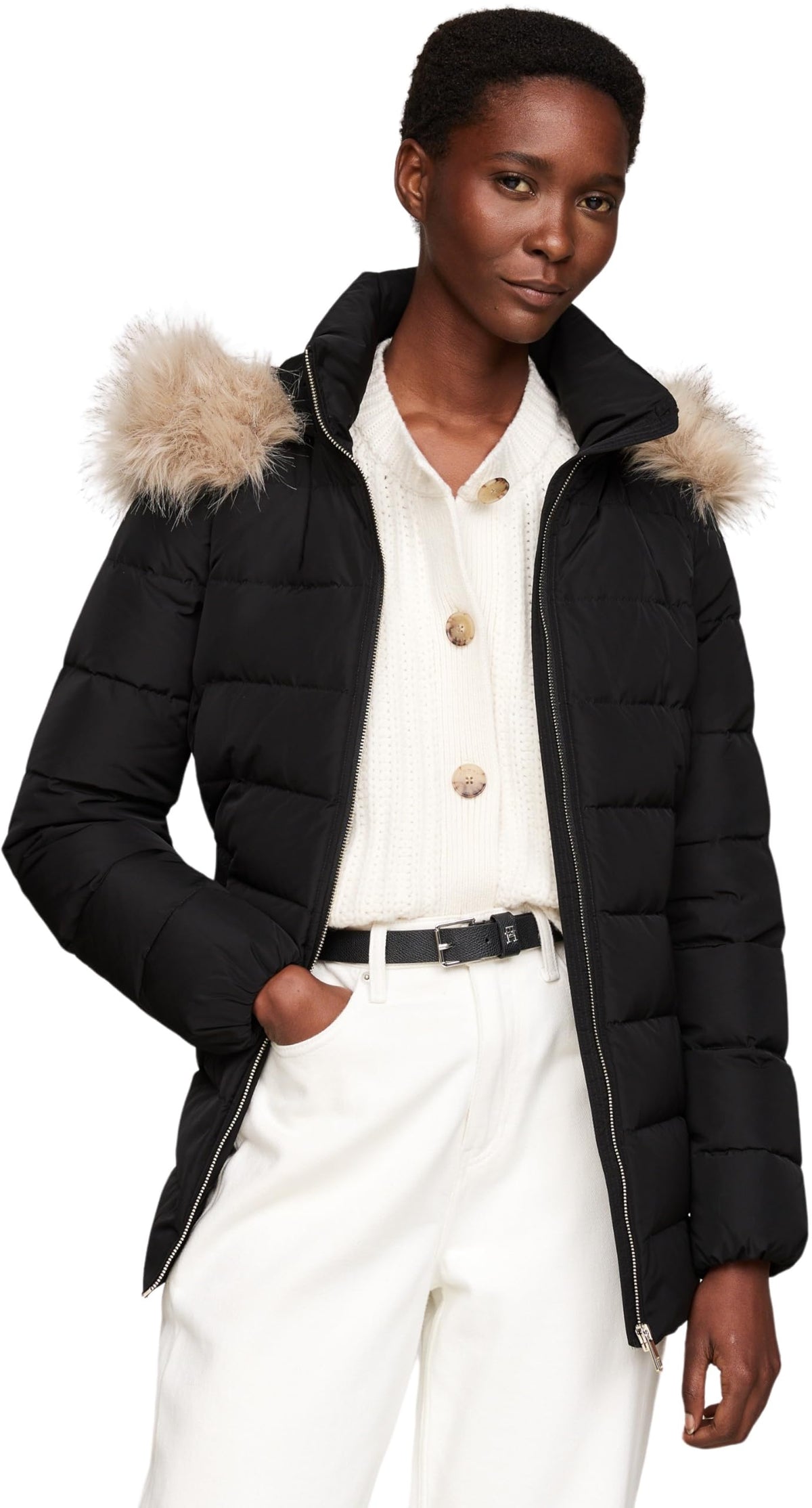 Tommy Hilfiger Cazadora Acolchada Mujer Heritage Down Tyra Jacket With Fur Larga, Negro (Black), XS