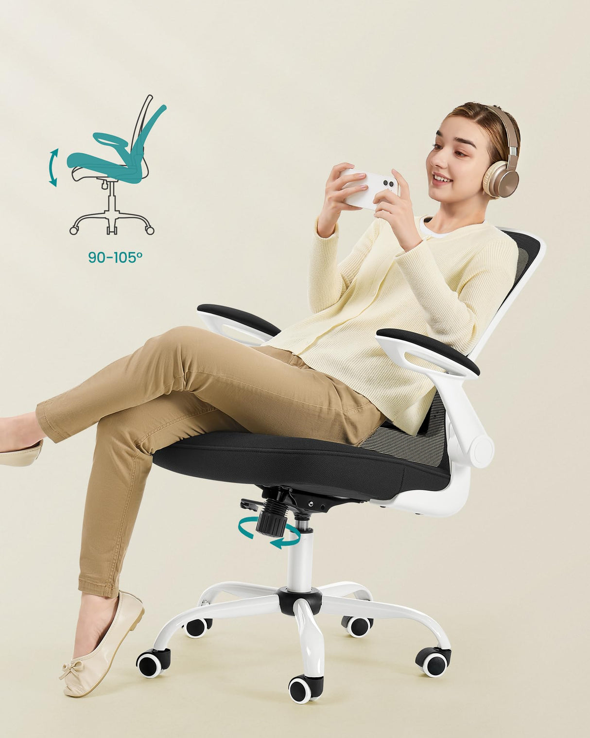 SONGMICS Silla de Oficina, Silla de Escritorio de Malla, Silla Giratoria Ergonómica, Soporte Lumbar, Oscilante, Asiento de 53 cm, Apoyabrazos Abatibles, Blanco y Negro OBN37WTV2