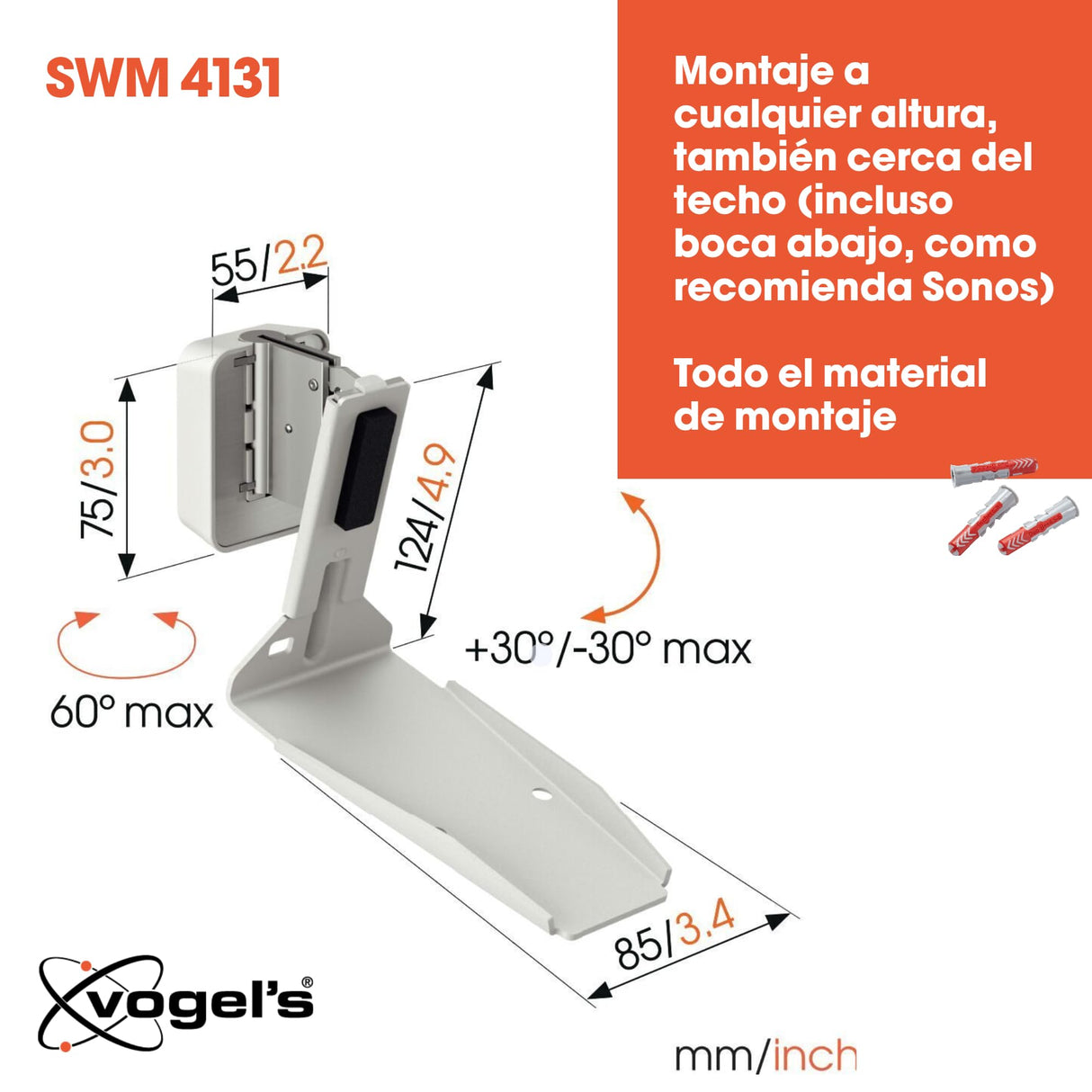 Vogel's SWM 4131 Soporte de Pared para Sonos ERA 300, Máx. 5 kg, Inclinable -30º/+30º, Girar hasta 60º, Blanco