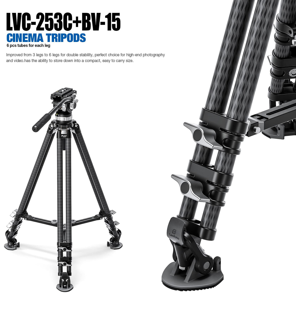 Leofoto - Trípode de vídeo - Trípode de Carbono para cámaras - Capacidad de Carga de 10 kg - Pies Extensibles - Altura mínima de 36,5 cm a una Altura máxima de 169 cm - LVC-253C+BV-15