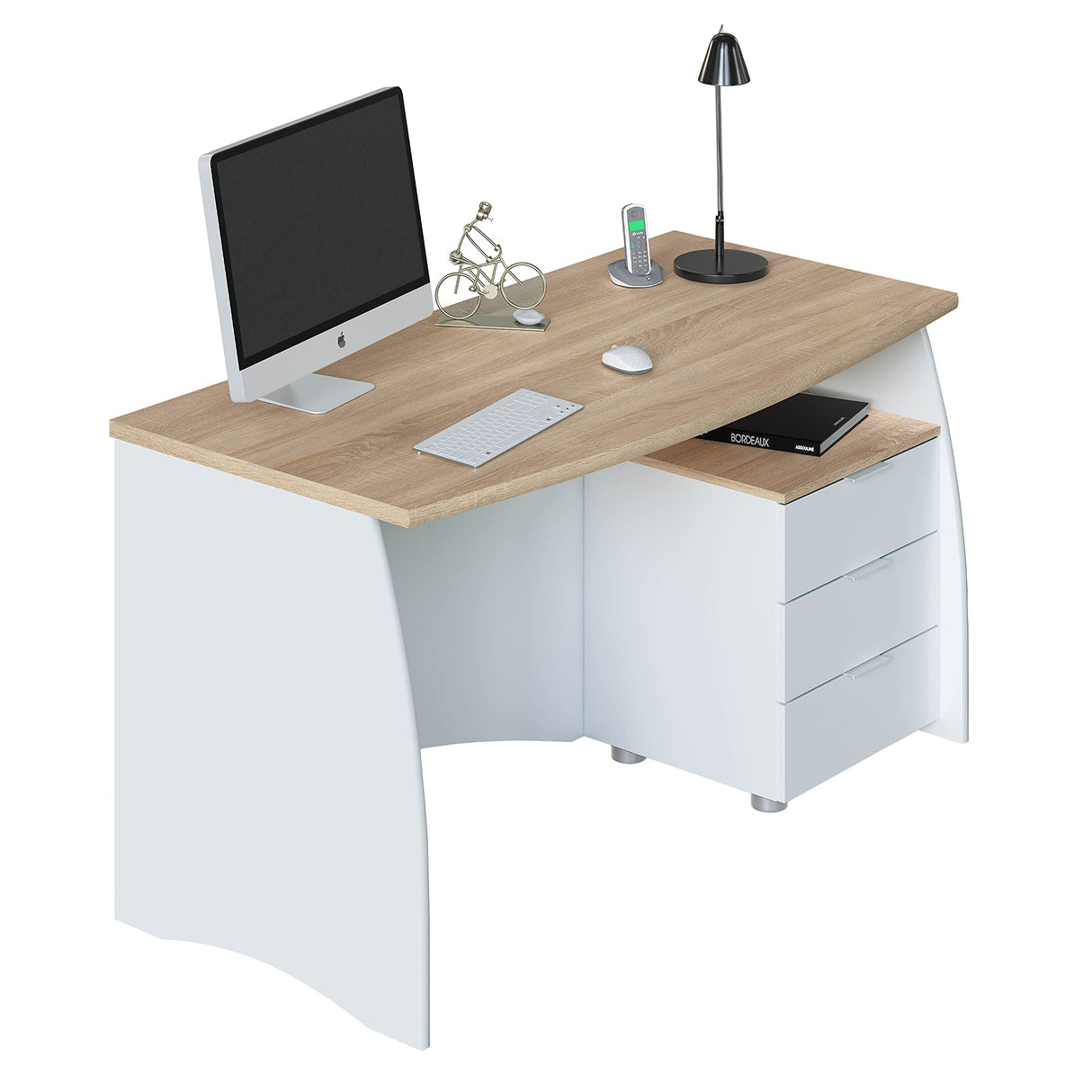 Habitdesign Mesa de Despacho con 3 Cajones, Mesa de Oficina o Estudio, Modelo Stil, Acabado en Balnco Artik y Roble Canadian, Medidas: 136 cm (Ancho) x 67 cm (Fondo) x 74 cm (Alto)