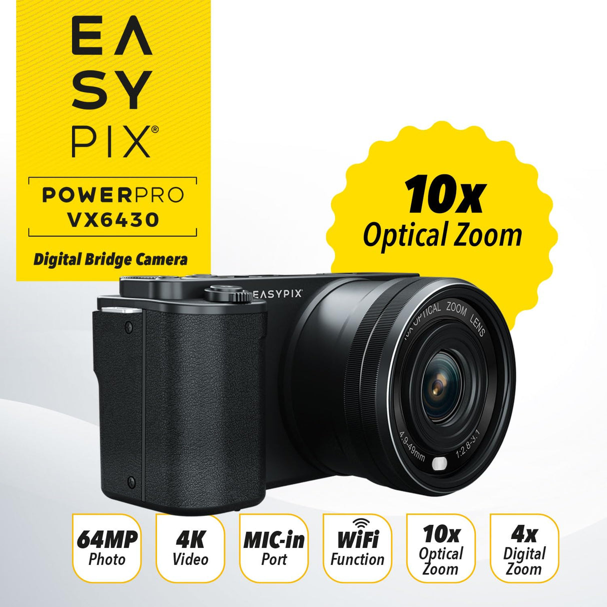 Easypix PowerPro VX6430 - Cámara compacta con WiFi, Zoom óptico de 10x, resolución de hasta 64 MP, Pantalla de 2,8 Pulgadas, Conector de micrófono