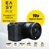 Easypix PowerPro VX6430 - Cámara compacta con WiFi, Zoom óptico de 10x, resolución de hasta 64 MP, Pantalla de 2,8 Pulgadas, Conector de micrófono