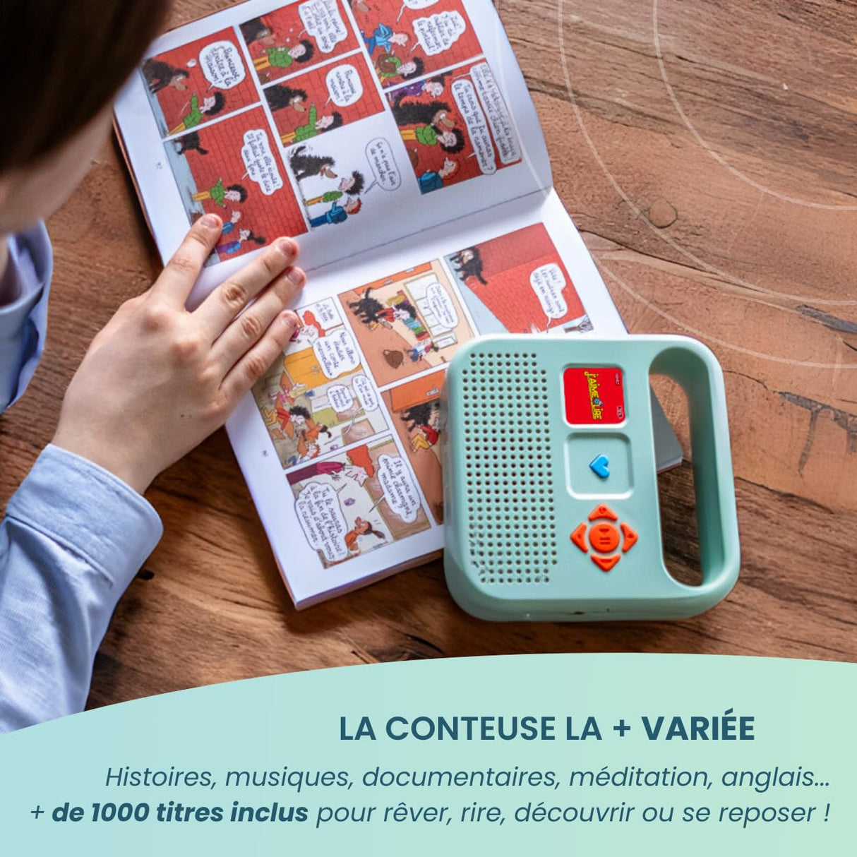 MERLIN - Caja de Historias con 1000 títulos incluidos - Contenido Bayard Milan & Radio France - 3-12 años - Verde Almendra - Versión 2