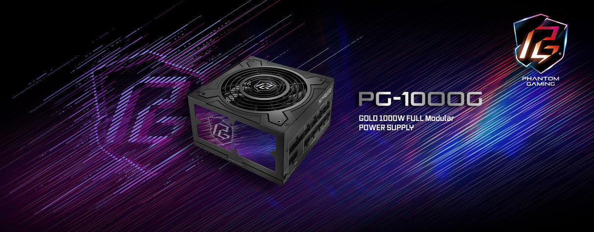 Fuente ALIMENTACION ASROCK PG-1000G,PSU,1000W,80 Plus Gold/A,135MM,Modular,PCI-E 5.1 (12+4pin) x1,PCI-E (6+2 Pin) x3,SATA (5 Pin) x9