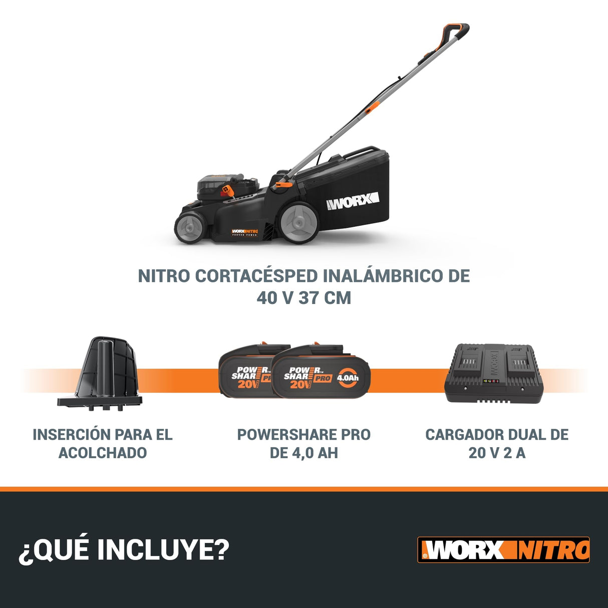 WORX Cortacésped WG737E Nitro con batería de 40 V (2 x 20 V), Potente Motor sin escobillas, Ancho de Corte de 37 cm, 6 Niveles de Altura de Corte (20 – 70 mm), Saco recogedor de césped de 40 l,