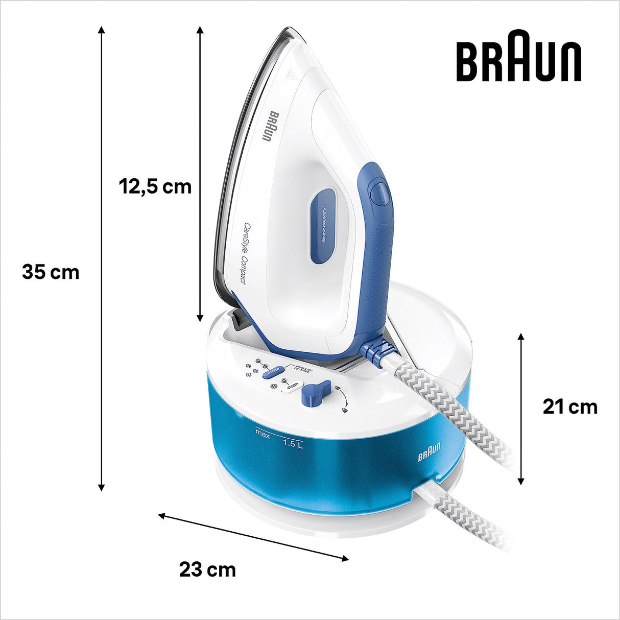 Braun CareStyle Compact Steam Generator, Plancha de Vapor con Suela FreeGlide 3D, Presión de 6 bar, Gran Depósito de Agua de 1,5 l, Función Eco, IS2143BL, Blanco Azul