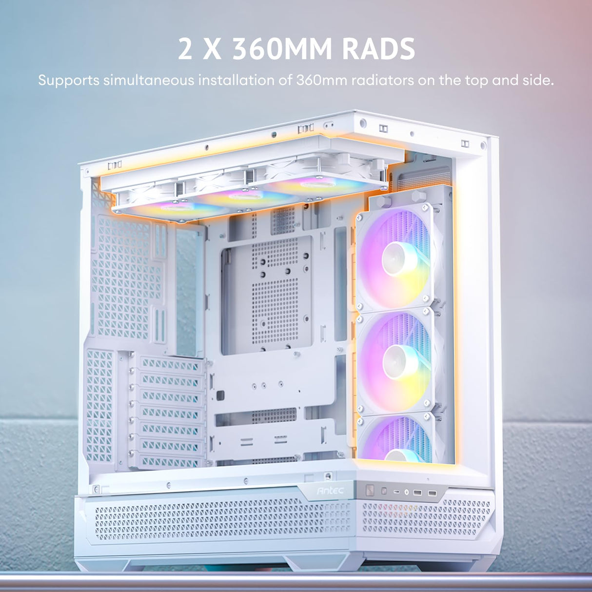 Antec C7 ARGB Blanco, Soporte de GPU RTX 40, 4 Ventiladores ARGB PWM de 120 mm incluidos, refrigeración Vertical, Tipo C de 10 Gbps, Paneles Frontales y Laterales de Vidrio Templado Continuo