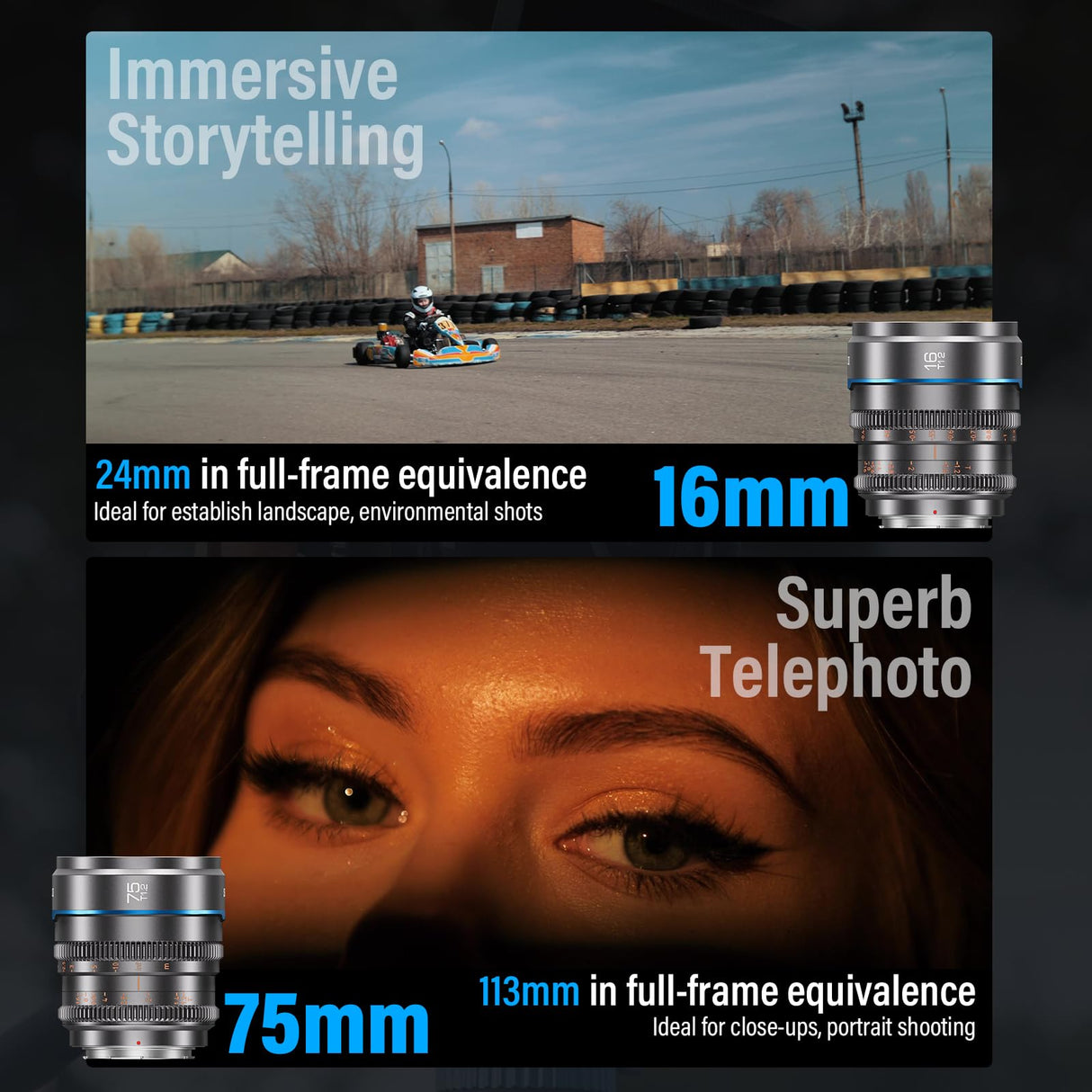 SIRUI Night Walker Lente de Cine con Enfoque Manual Set, 16mm, 75mm, Lente de Gran Apertura T1.2 con Montura S35 para X Montura Cameras, para X-H2/H2S, XT-4, XT-3,X-S10 (MS-2SXG, X Montura, Gris)