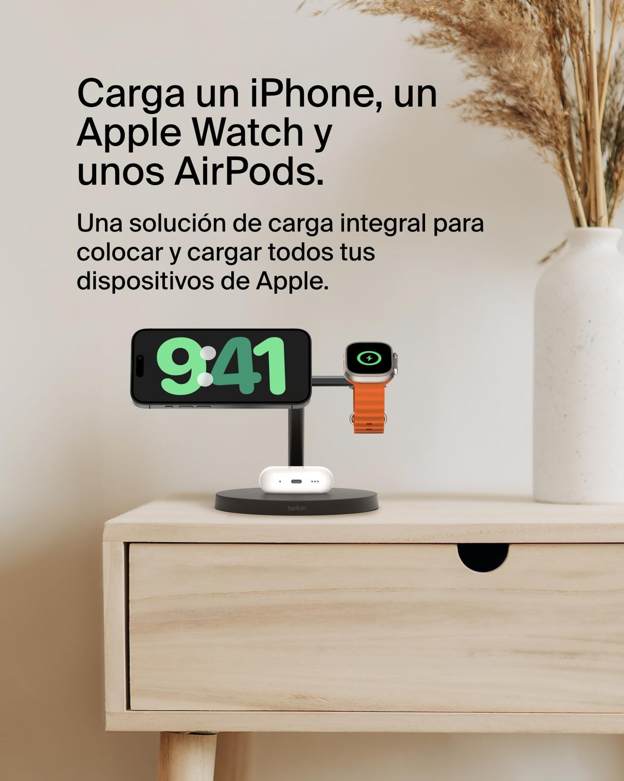 Belkin BoostCharge Cargador Qi2 3 en 1, estación de Carga inalámbrica con MagSafe, Base de Carga Qi2 para iPhone 16 Series, Apple Watch, AirPods, Soporte Antideslizante, Fuente de alimentación, Negro