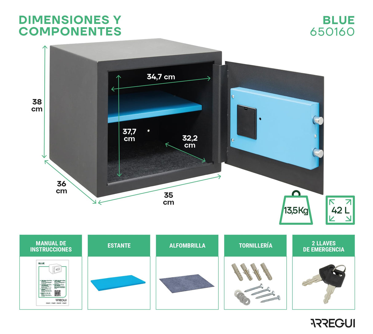 ARREGUI Blue 650160 Caja Fuerte de Acero con Cerradura Electrónica | 38x35x36 cm | 42 L | Caja de Seguridad para Casa y Hogar | Teclado con Códigos Programables | con Llave de Emergencia | grafito