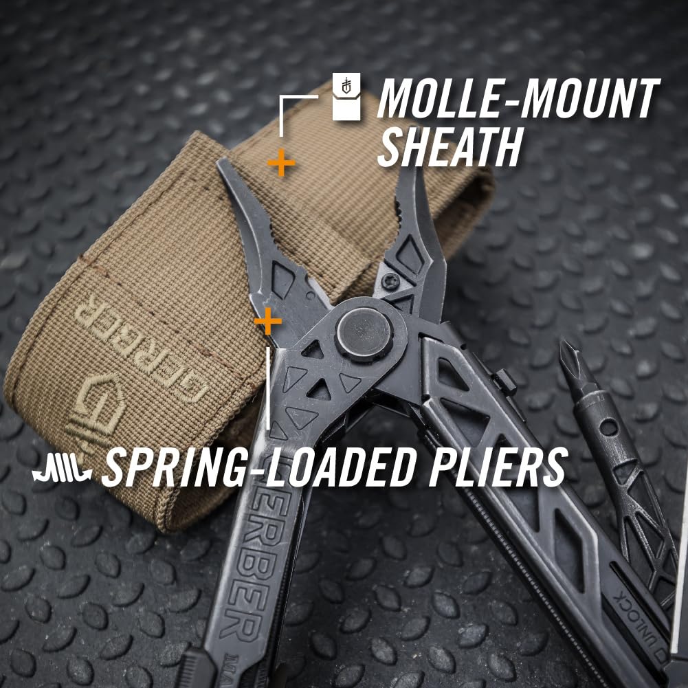 Gerber Multiherramienta con clip para cinturón, transmisión central, apertura con una sola mano, 14 funciones y funda de nylon (compatible con Molle), Negro, 30-001425