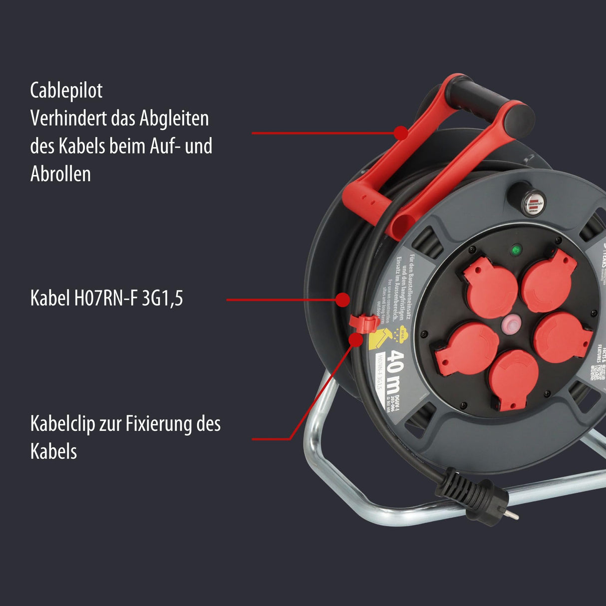 Brennenstuhl Carrete de cable profesional 300 KU 2100 (cable de 25 m en negro, fabricado en plástico especial, para uso en obras de construcción y uso permanente en exteriores, fabricado en Alemania)