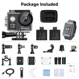 AKASO Cámara Deportiva WiFi 4K/60fps 20MP, Cámara de Acción con EIS Pantalla Táctil, Cámara Acuatica Sumergible 40M con Control de Voz 8X Zoom Control Remoto 2 Baterías Multi Accesorios