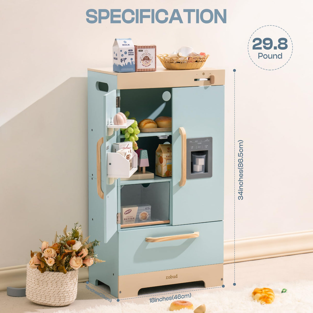 ROBUD Frigorífico de Madera - Realista e Interactivo con máquina de Hielo y Juguetes alimenticios - Adecuado para niños a Partir de 3 años