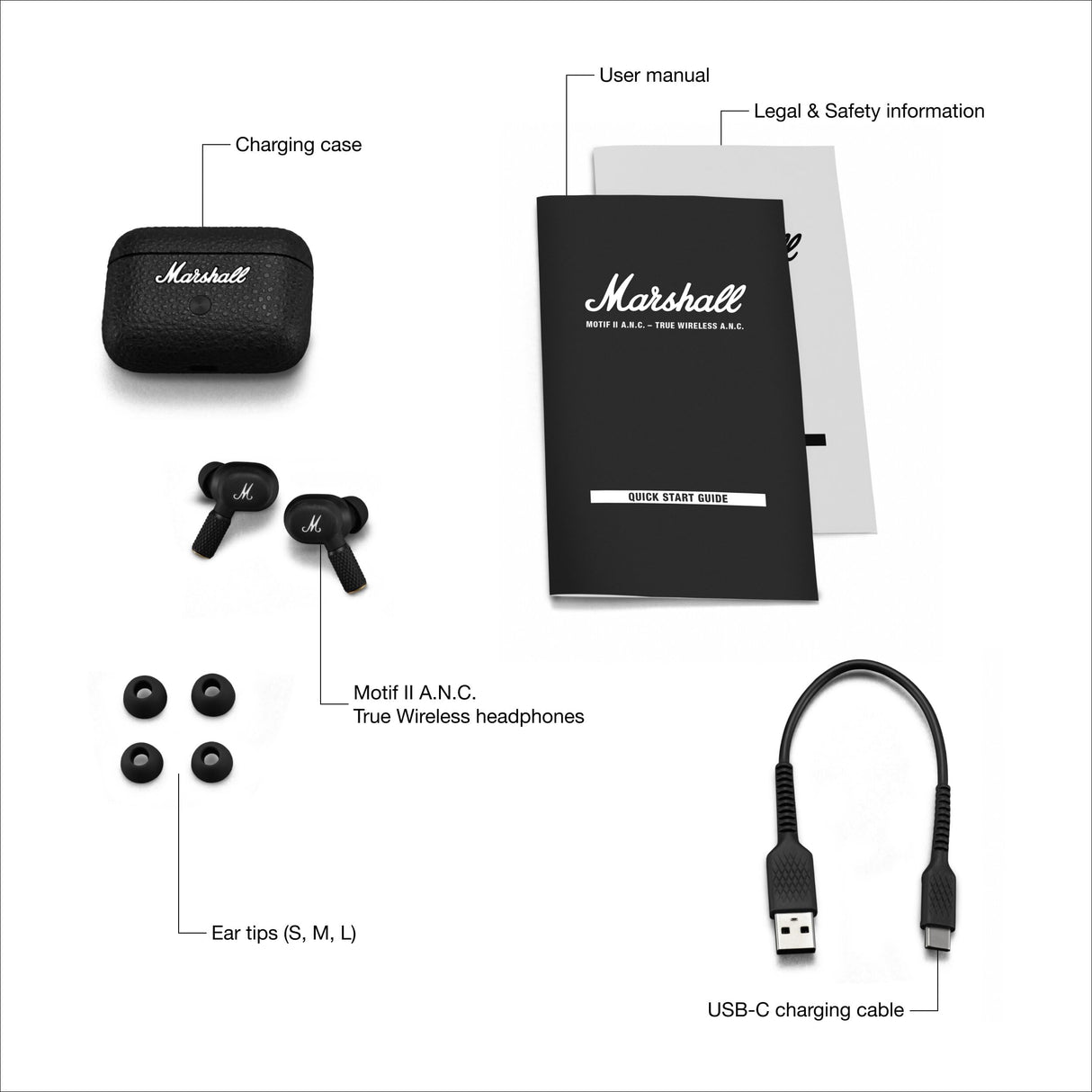 Marshall Motif II ANC - Audífonos Bluetooth inalámbricos con cancelación Activa de Ruido, 30 Horas de reproducción, Negro