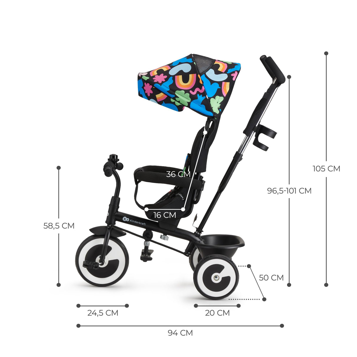 Kinderkraft Aston Triciclo Evolutivo, Bicicleta Sin Pedales, Bicicleta Bebe, para Niños, Cinturón, con Accesorios, Portavasos, Cesta, 9 Meses a 25 kg, Happy Shapes