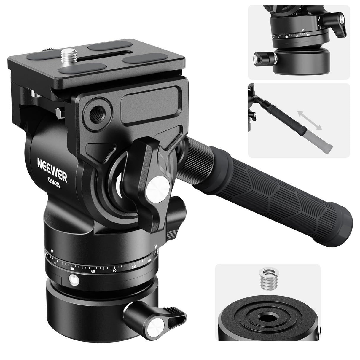 NEEWER Cabezal Fluido para Trípode con Base Niveladora de +/-7° (φ48mm), Soporte de Cabezal de Video Mini Pan Tilt Metal con Placa QR Tipo Arca, Mango Telescópico para Cámara Video Cámara DSLR, GM35