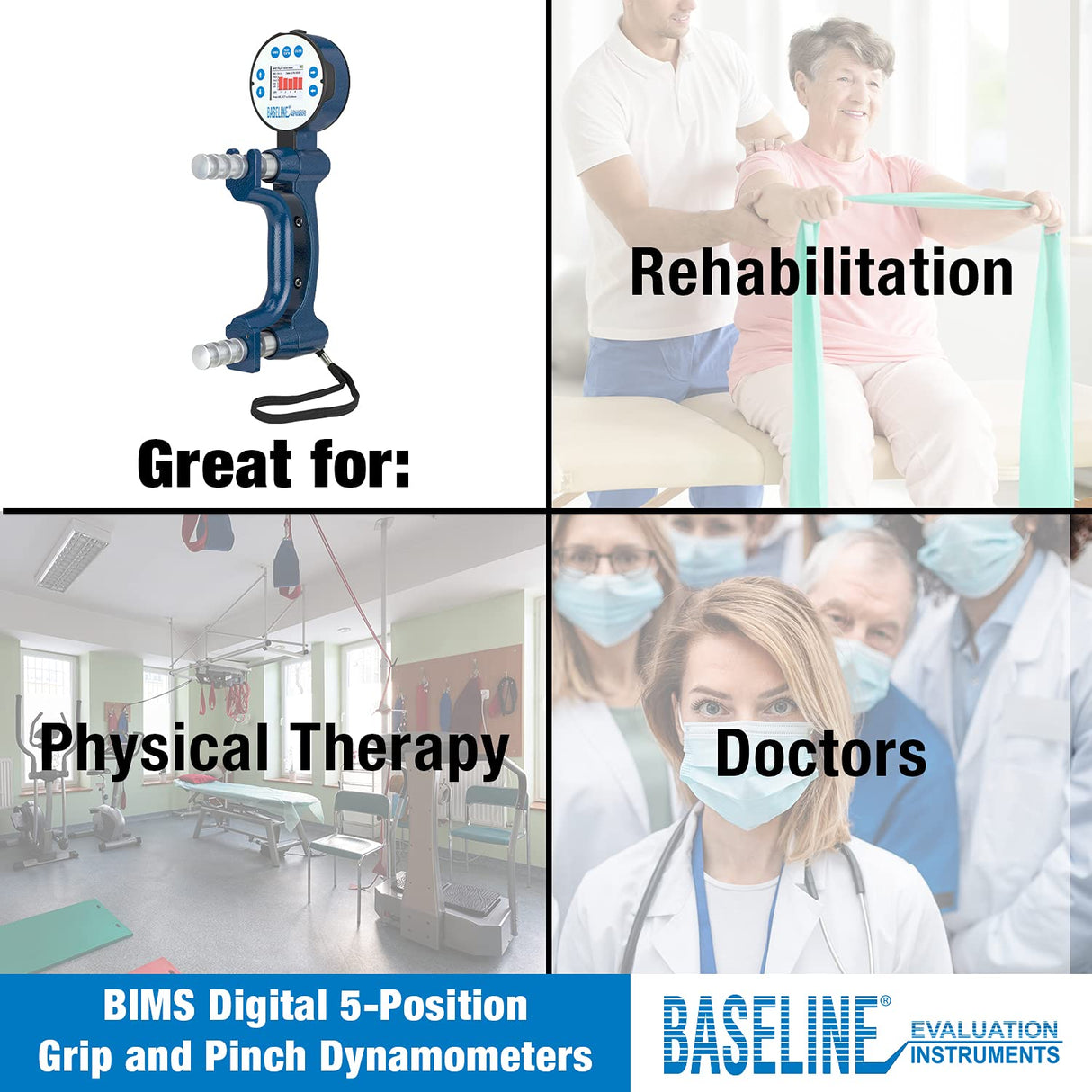 Baseline Dinamómetro Digital de Mano Bims, de 5 Posiciones para Medir y Evaluar la Fuerza de Agarre, Óptimo para Terapia Manual Profesional, Fisioterapia, Entrenamiento Atlético y Rehabilitación
