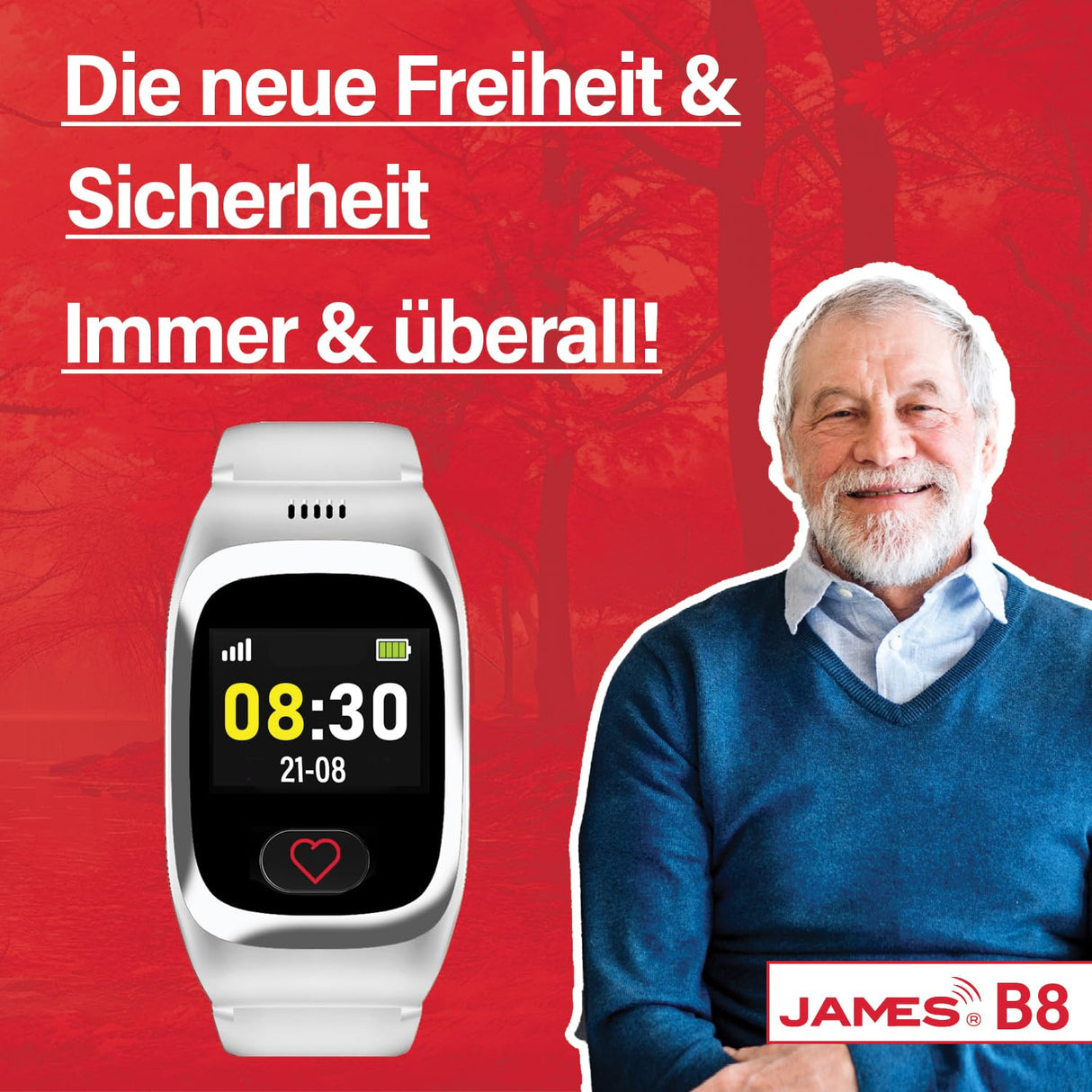 James B8 - Reloj de llamada de emergencia y seguridad para ancianos, detección de caídas, botón de llamada de emergencia y localización GPS, funciones de salud, por ejemplo, pulso, aplicación familiar