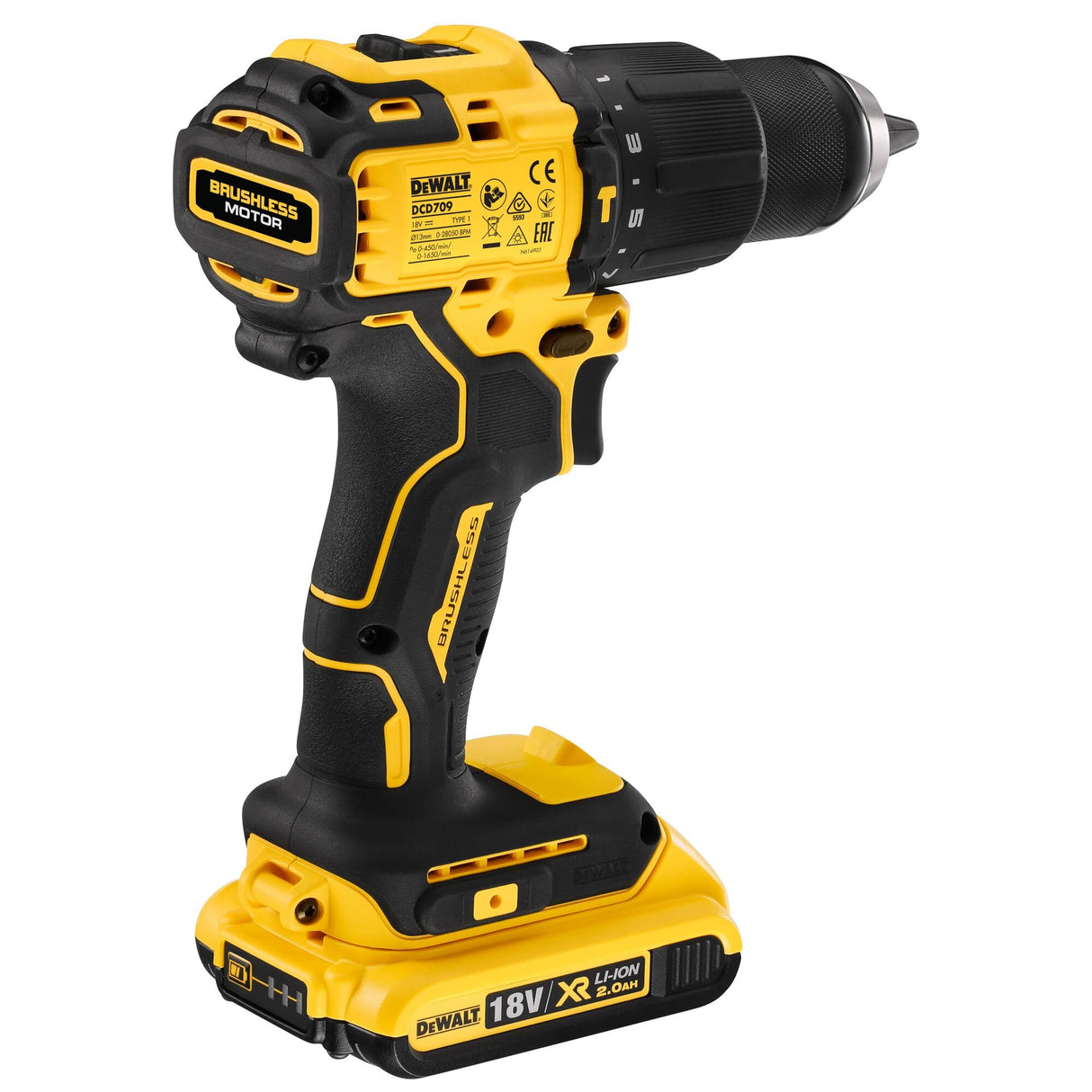 DEWALT DCD709D2T-QW - Taladro Percutor sin escobillas XR 18V, 2 Baterías Li-Ion 2 Ah y Cargador Multi-voltaje XR