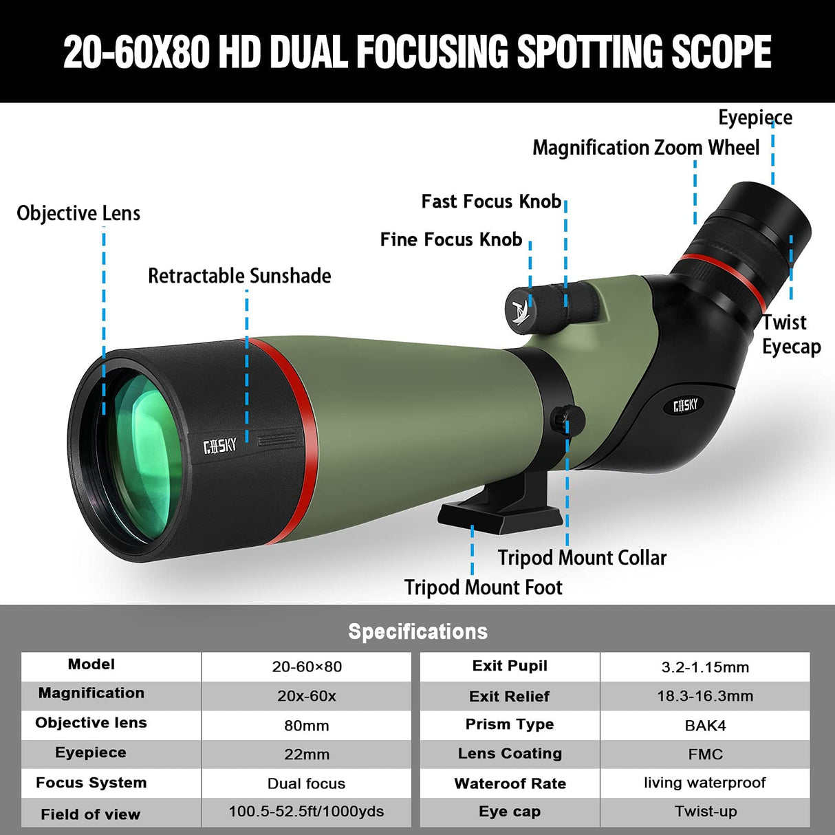 Gosky El más Nuevo 20-60X80 HD Dual Focusing Spotting Scope, BAK4 Prism 45 Degree Angular Ocular con trípode, Adaptador de Smartphone, Alcance para observación de Aves, Tiro al Objetivo, Caza,