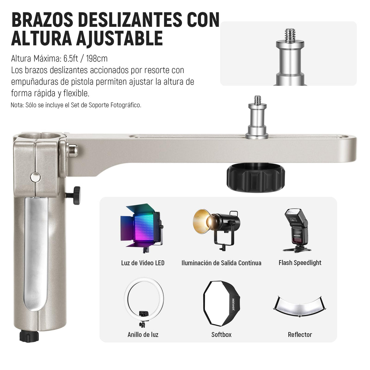 NEEWER Soporte de luz de Acero Inoxidable de 198 cm, Soporte de trípode Resistente con Ruedas giratorias, 2 Brazos deslizantes con Agarre de Pistola, Pata Plegable para fotografía, Caja de luz