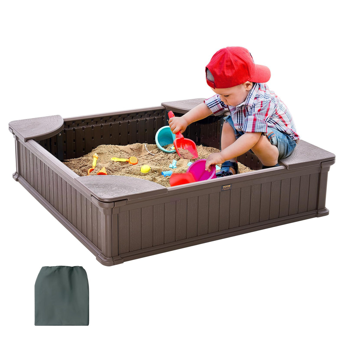 VEVOR Caja de Arena con Tapa Areno de HDPE Cuadrado de 1235 x 1235 x 315 mm con 4 Asientos en Las Esquinas y Revestimiento Inferior para Niños de 3 a 12 Años para Patio al Aire Libre, Parque, Marrón