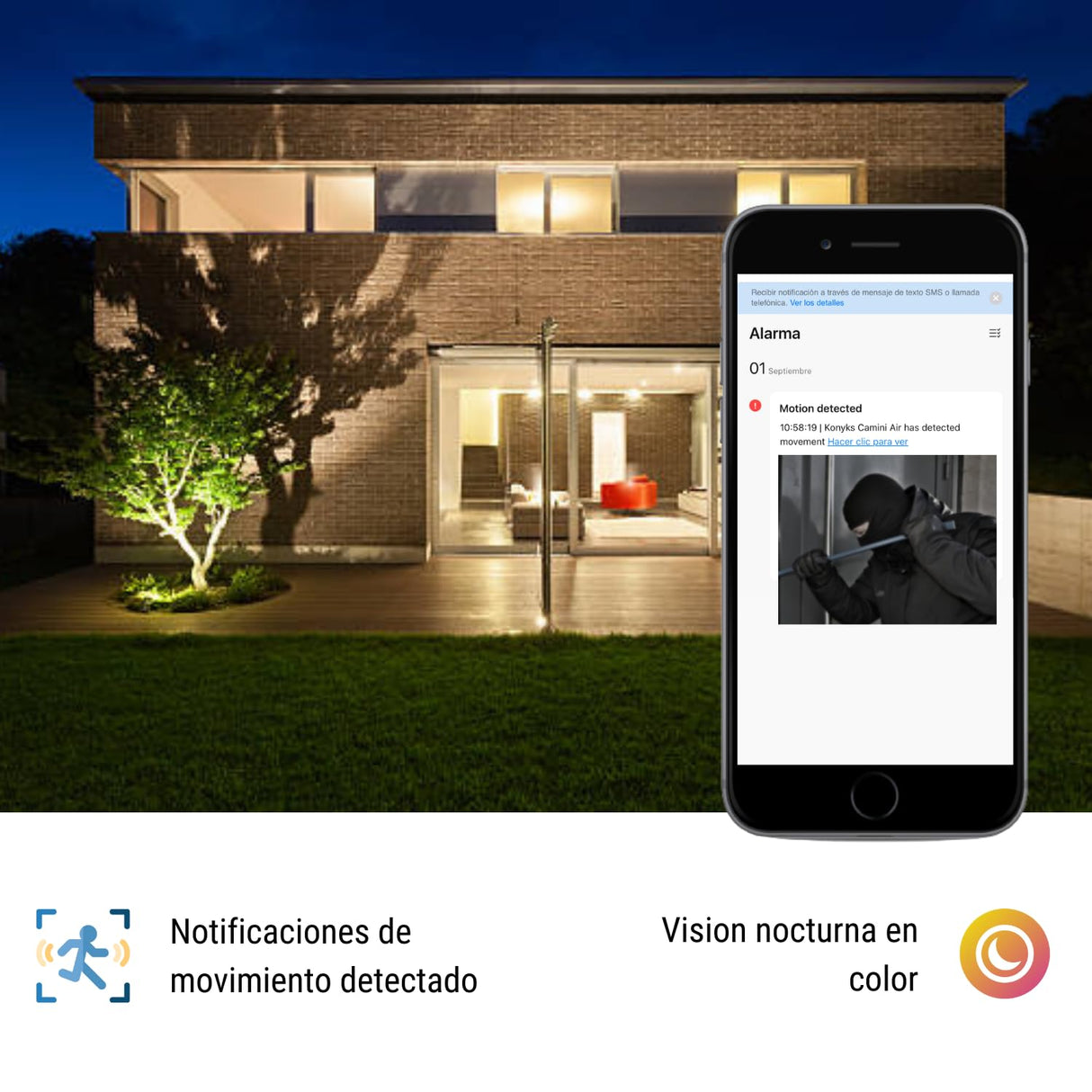 Konyks Camini Air 2 Solar - Cámara de vigilancia al Aire Libre inalámbrica WiFi con Panel Solar, notificaciones detección de Movimiento, visión Nocturna en Color, función de iluminación y Sirena