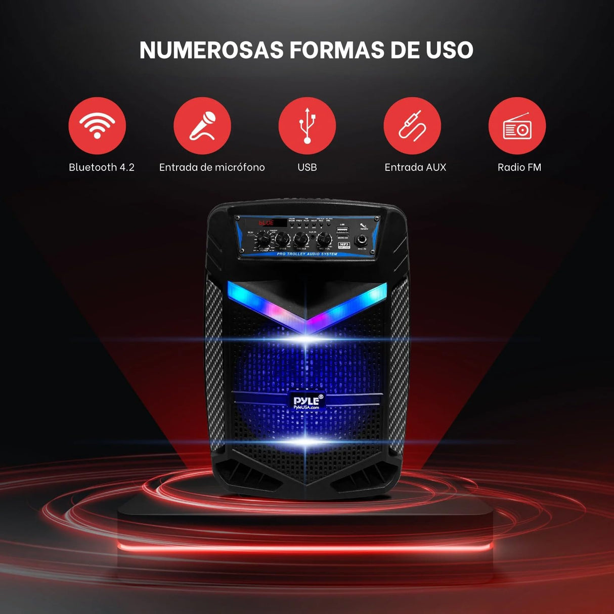 PYLE Sistema de Altavoces, PA, 400W, Bluetooth, portatil, Recargable, Exteriores, subwoofer de 8”, Tweeter de 1”, función de grabación, micrófono, Luces de Fiesta, Radio USB/SD, Color Negro