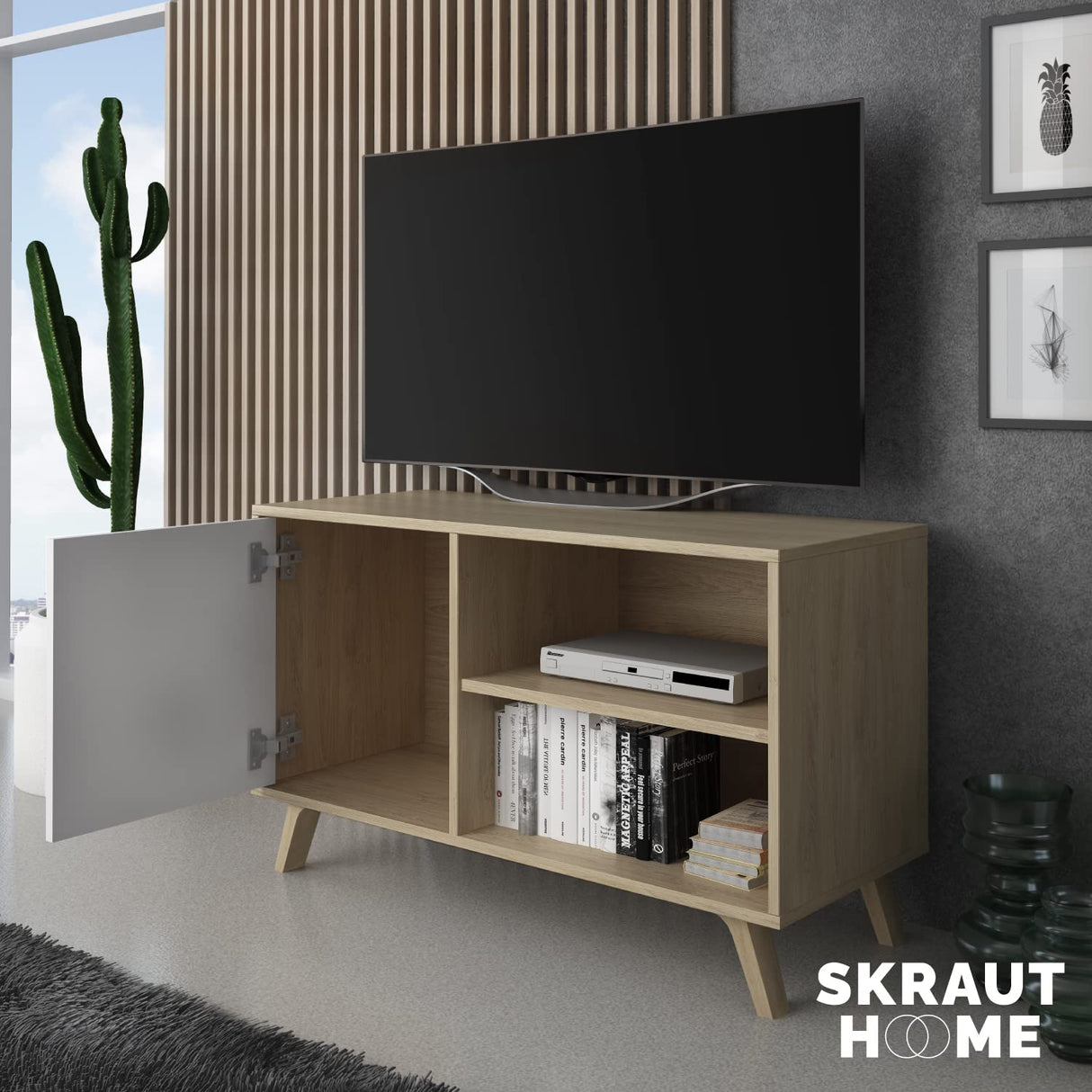 Skraut Home | Mueble de TV para Salón | 57 x 95 x 40 cm | Indicado para TV de 32/40" | Modelo Wind 100 | Puccini | Puerta Abatible Color Blanco