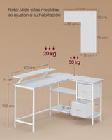 VASAGLE Escritorio en Forma de L, Esquinero, con 2 Amplios Cajones, Mesa con Soporte para Monitor, para Esquina, con Estante Ajustable, para Oficina Casa, Blanco Arce LWD098W01