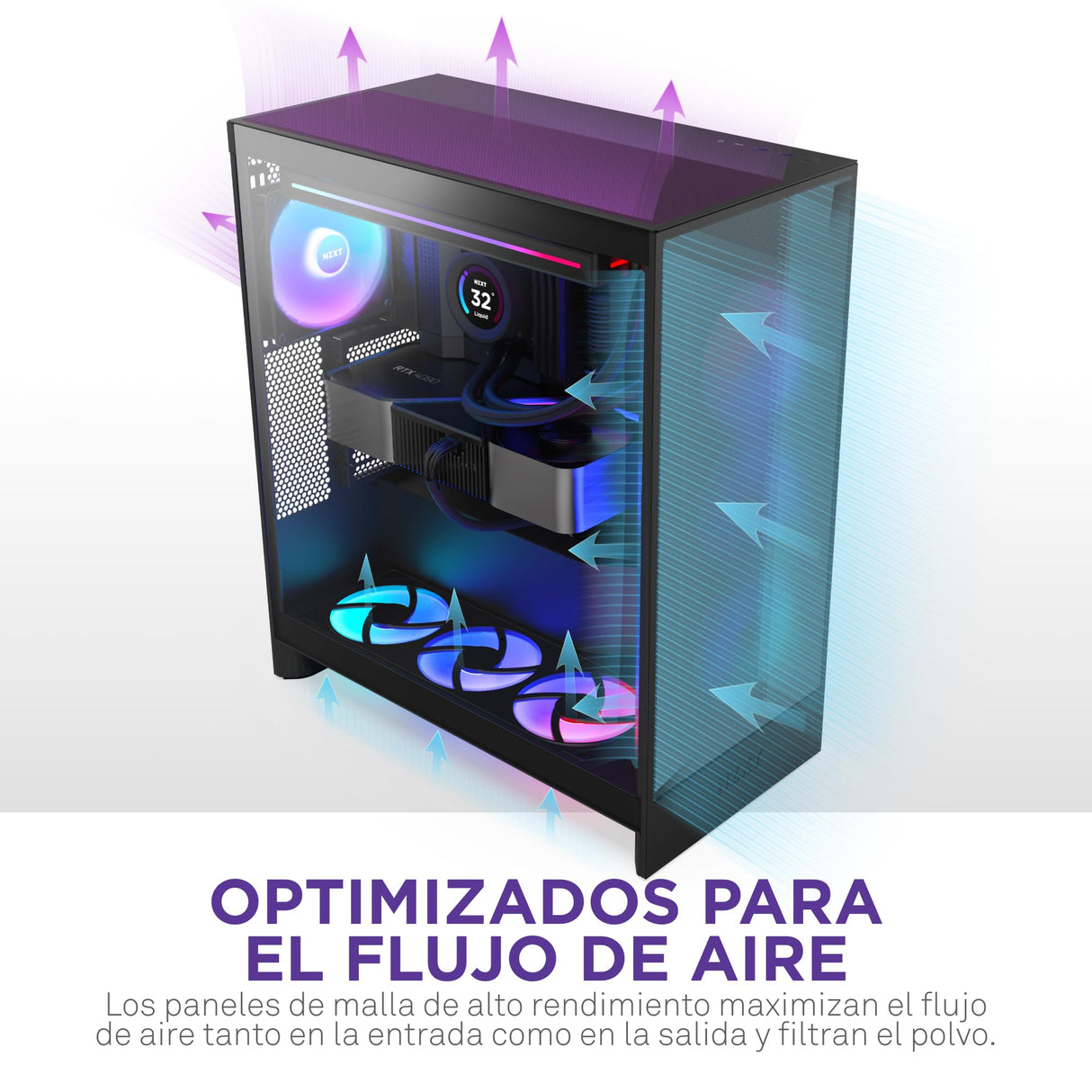 NZXT H7 Flow RGB, 2024 Semitorre ATX Flujo de Aire con Ventiladores RGB, Admite Ventiladores Inferiores para gráfica, con Unidad de Ventiladores RGB con Marco Simple 360 mm, Negro