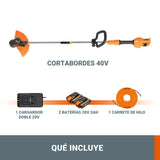 WORX Cortabordes a batería 40V Máx. (2x20V) | WG183E | Incluye 2 baterías 2Ah y Cargador Doble | Mango Ajustable | Doble Cabezal | Carrete de alimentación automática