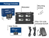 EDISION HDMI MODULADOR 3in1 Quad, RF Modulador 4X HDMI a terrestre DVB-T, ISDB-T o Cable DVB-C MPEG4, 3 SEÑALES de modulación SELECCIONABLES, Distribución Full HD sobre Cable Coaxial, Plug and Play