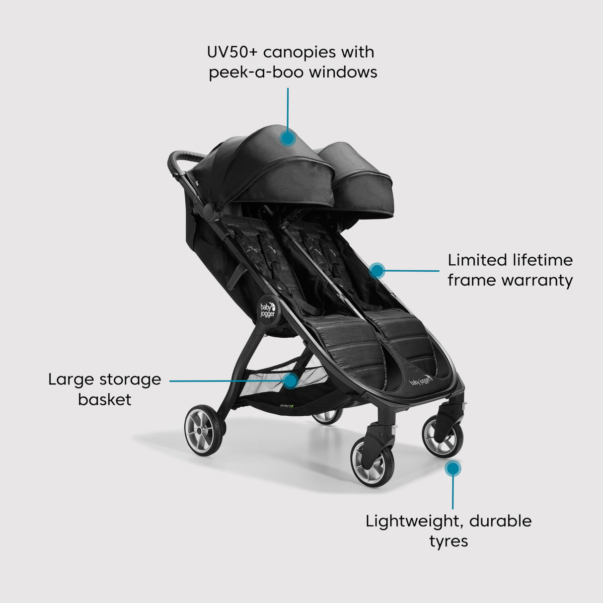 Baby Jogger City Tour 2 - Cochecito de viaje doble | Cochecito doble ligero, plegable y portátil | tono negro