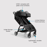 Baby Jogger City Tour 2 - Cochecito de viaje doble | Cochecito doble ligero, plegable y portátil | tono negro